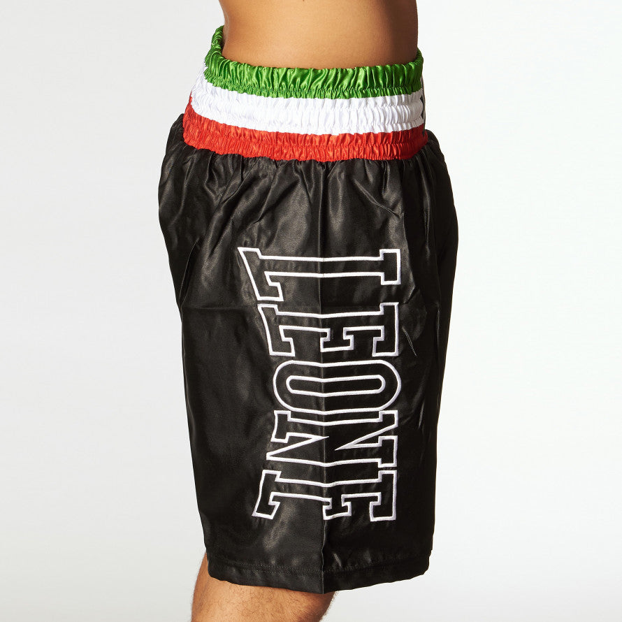Leone Men's Satin Boxing Shorts AB733 Black Tricolor Waistband