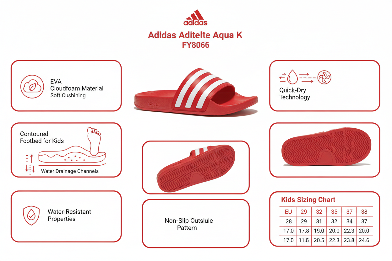 Adidas Junior Adilette Aqua K Pool Beach Slippers FY8066 Red White