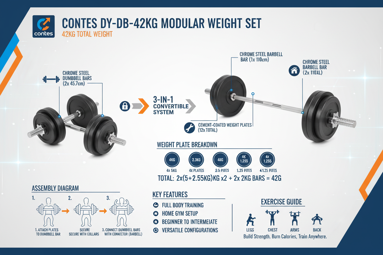 Contes Set of Dumbbells and Barbell 42kg DY-DB-42KG Cement Coated