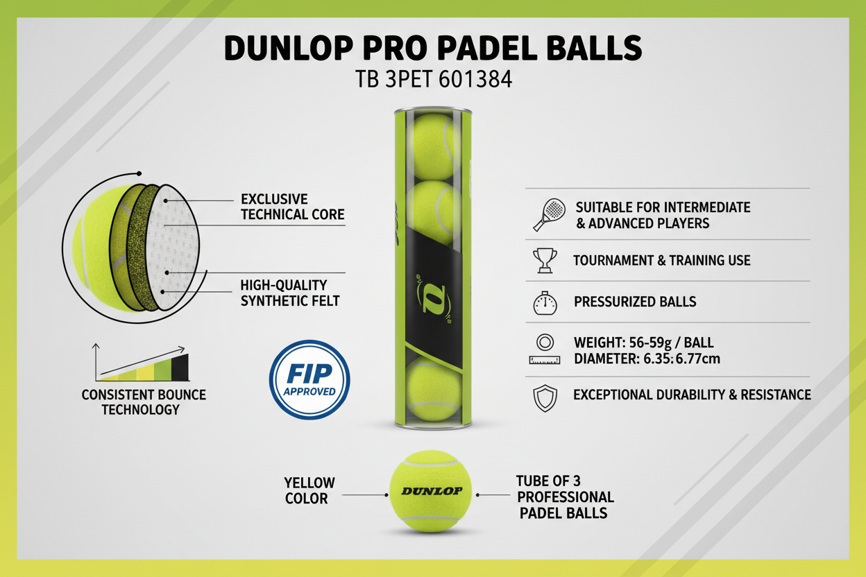 Infografica tecnica Dunlop Pro TB 3PET 601384 palline padel: tubo 3 gialle, FIP omologate, nucleo tecnico, feltro alta qualità