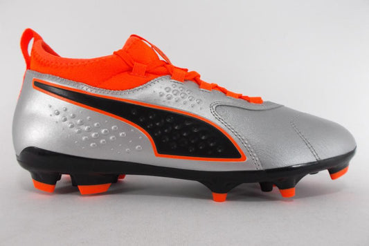 Puma One 3 AG Men's Leather Football Boots with Sock 104762 01 Silver Orange Black