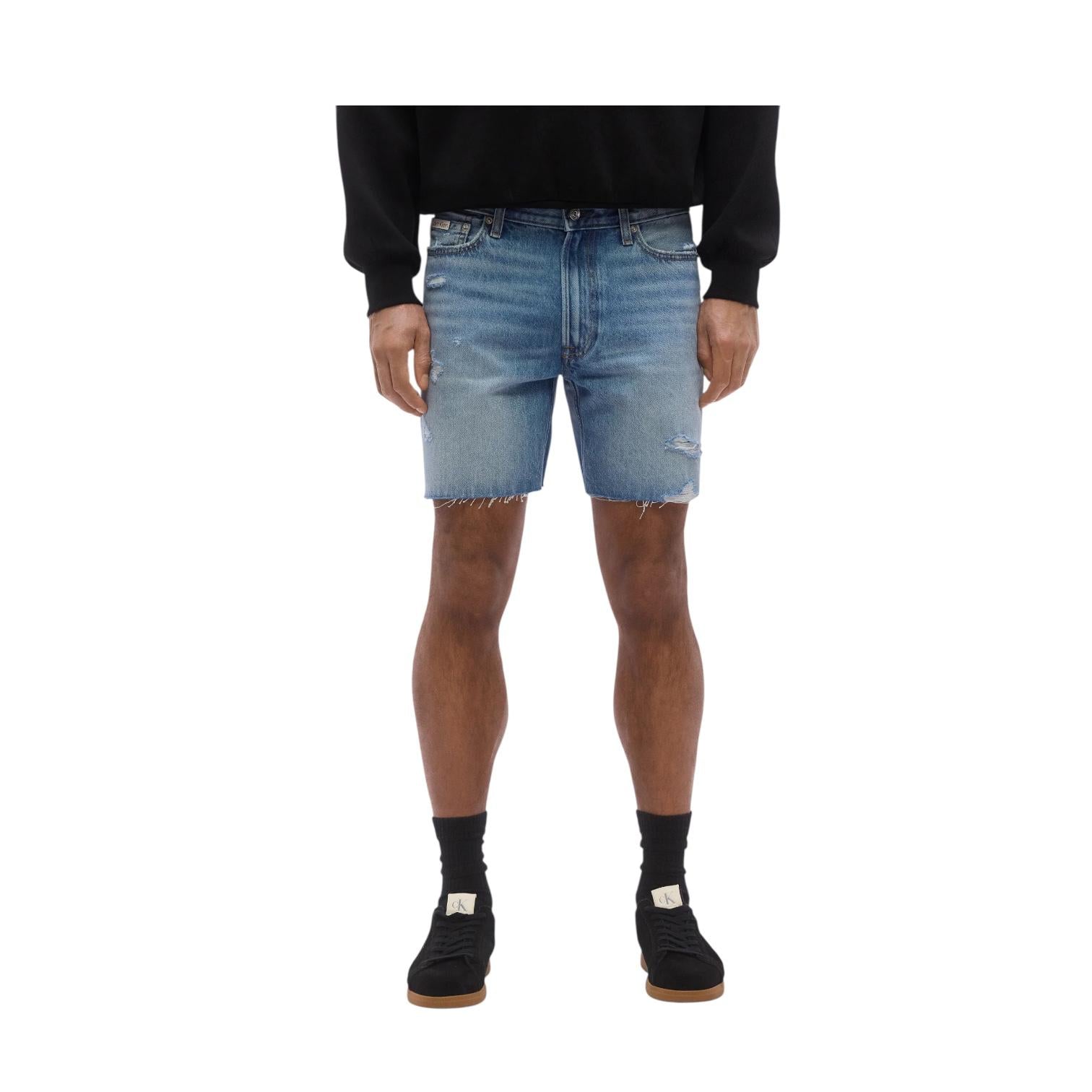 Calvin Klein Bermuda Jeans Uomo LV04RF790GXBI Blu Chiaro Strappati