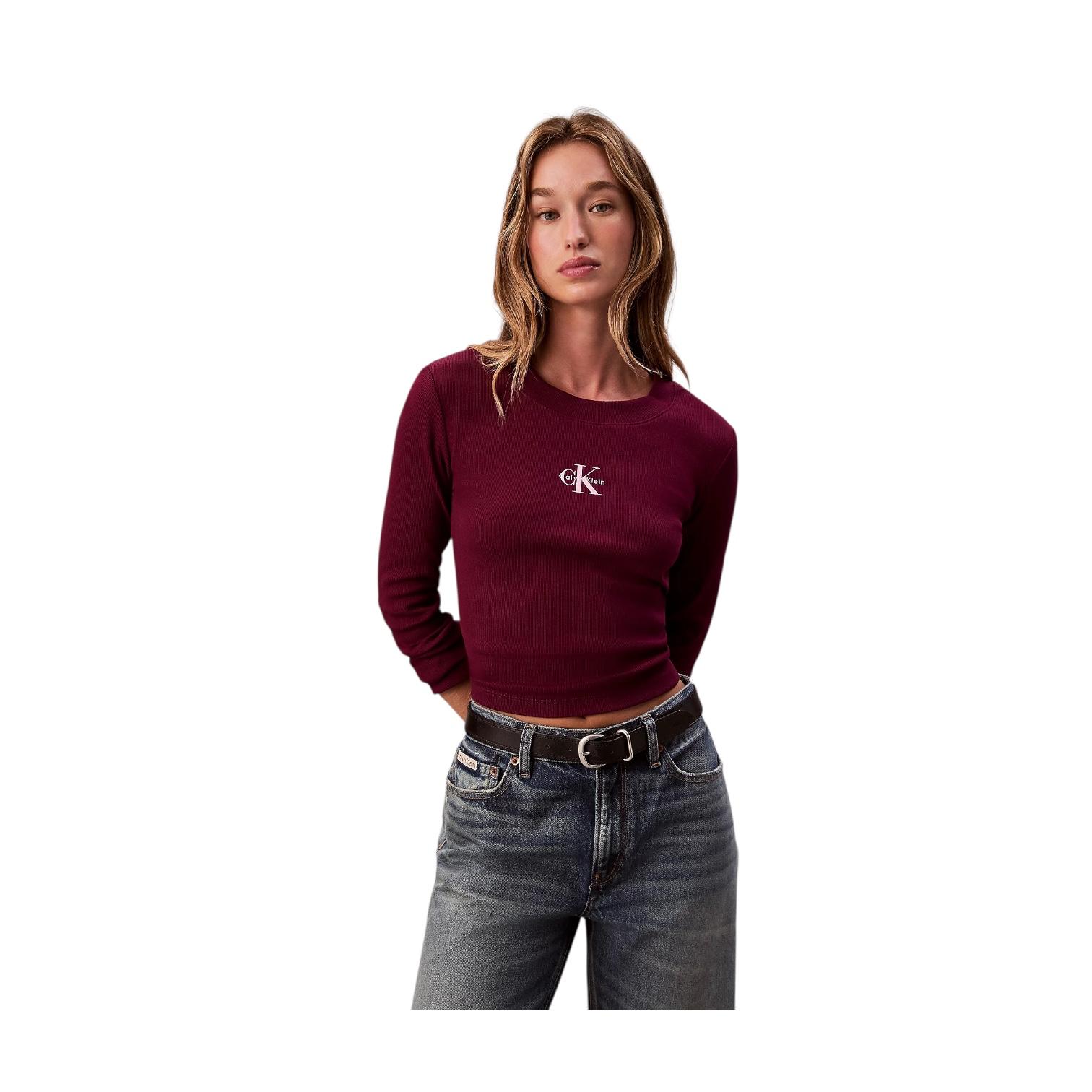 Calvin Klein T-shirt Donna Maniche Lunghe Monologo LV047A803G2E5 Berry Glaze