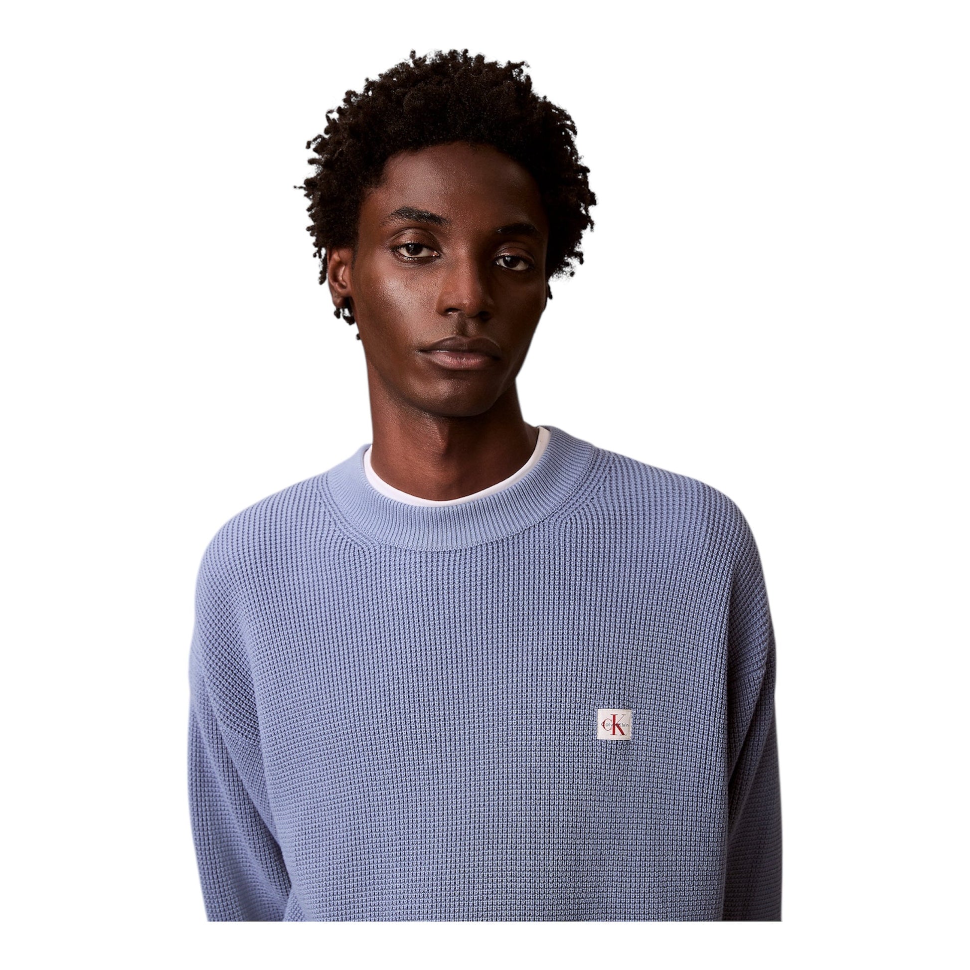 Calvin Klein maglia girocollo da uomo Waffle LV04RD313G C4I Celeste avanti logo