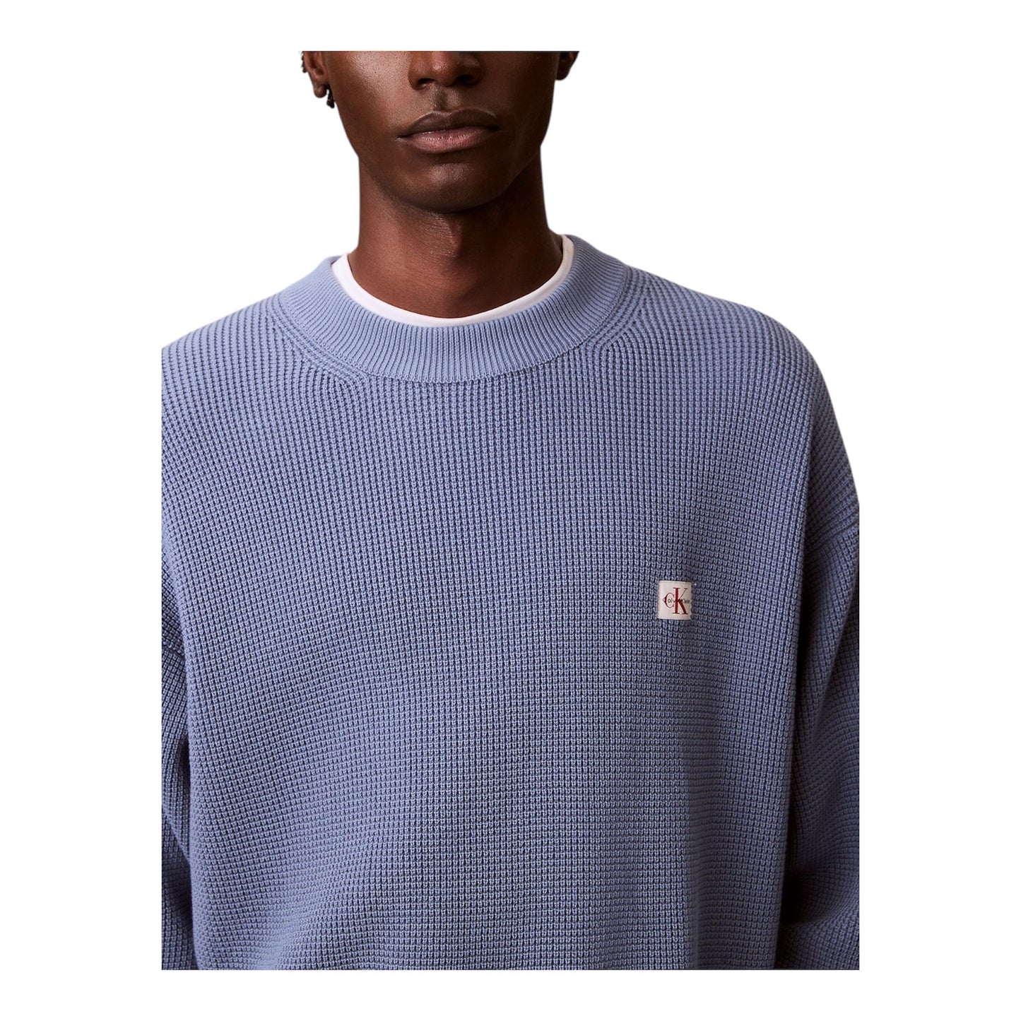 Calvin Klein maglia girocollo da uomo Waffle LV04RD313G C4I Celeste avanti logo e trama