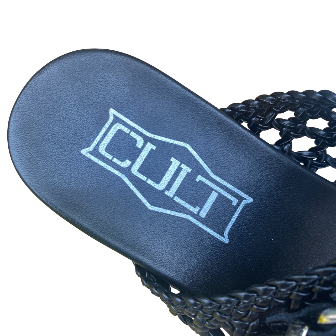 Cult sandalo da donna due fasce in pelle intrecciata impreziosite da fibbie in metallo con logo