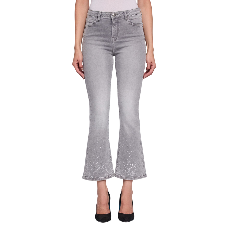 Gaudì Jeans 521BD26023 Grigio Cropped Flared Effetto Used Strass