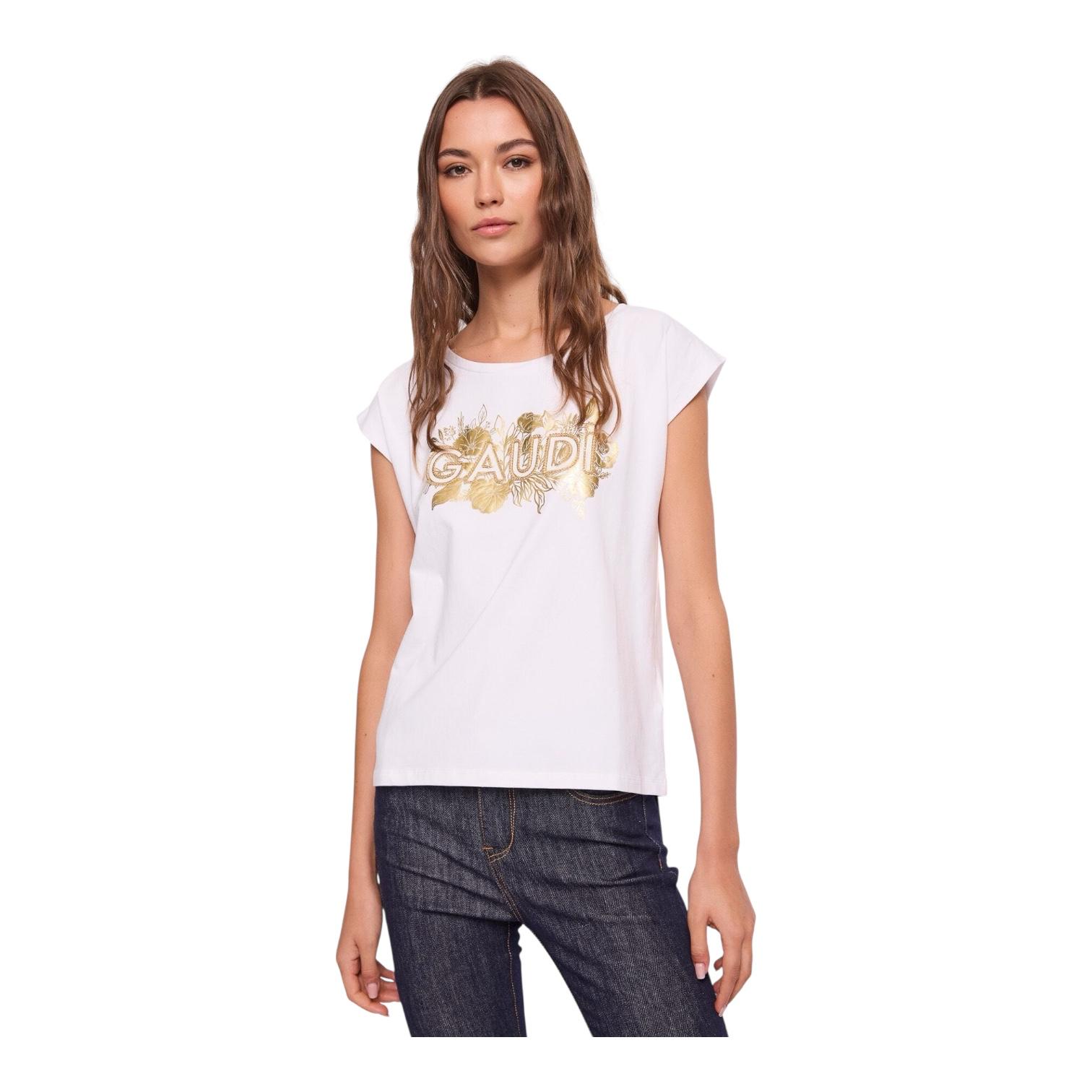 Gaudì T-shirt Donna Stampa Floreale Laminata Strass 611BD64038 Bianco