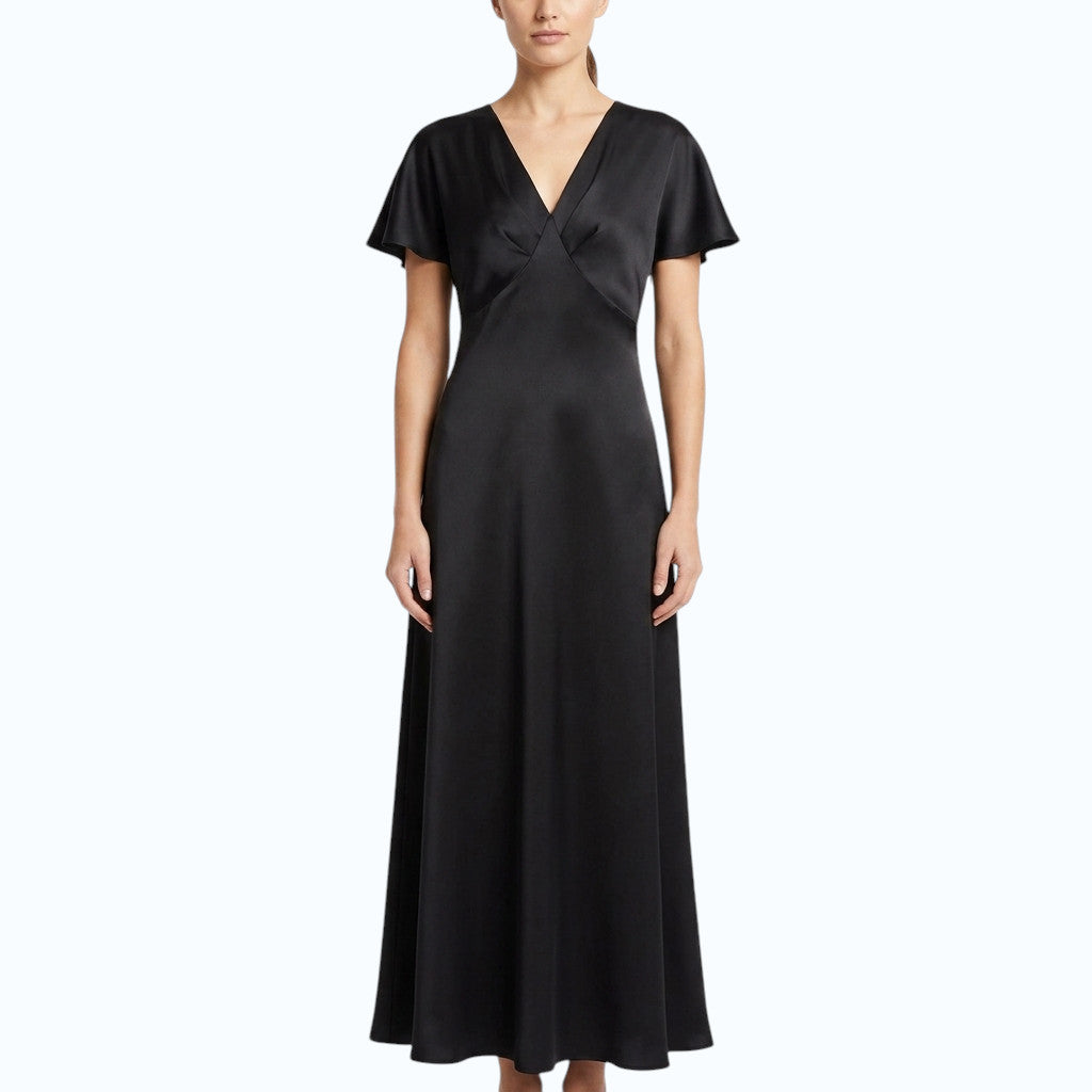 Griffai Abito Lungo Donna Raso Scollo V Nero - DGP7962