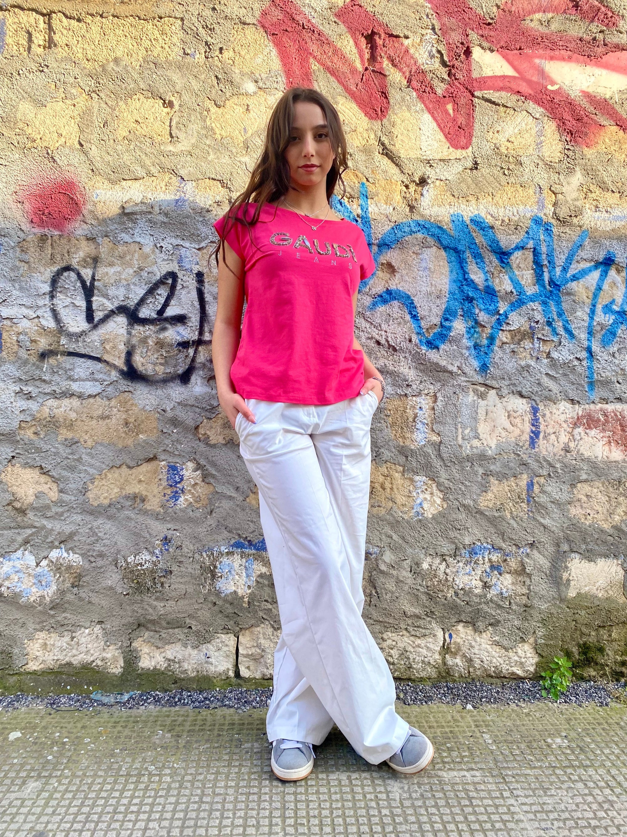 Griffai pantapalazzo elasticizzato da donna con elastico dietro Bryan DGP7078 panna