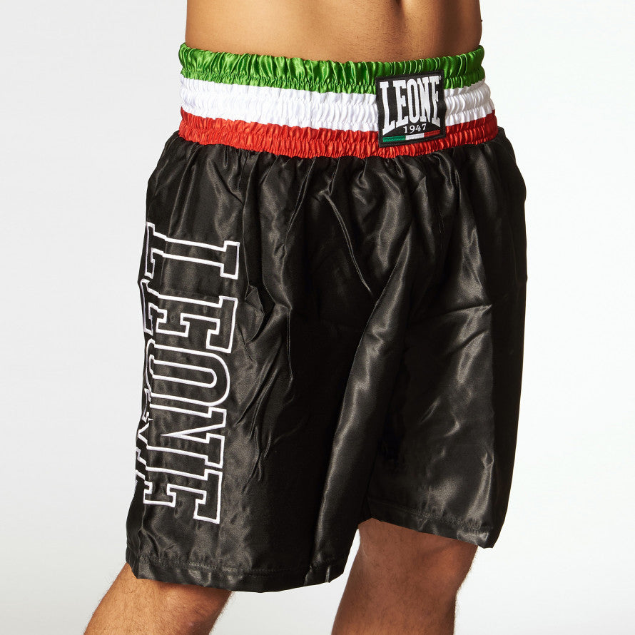 Leone Men's Satin Boxing Shorts AB733 Black Tricolor Waistband