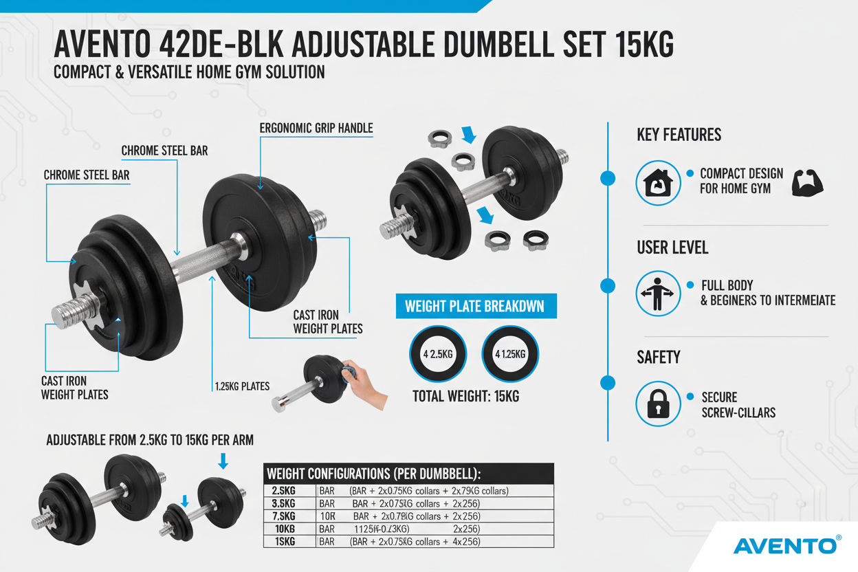 Avento Adjustable Dumbbell 15kg 42DE-BLK | Cast Iron Steel Weight Set