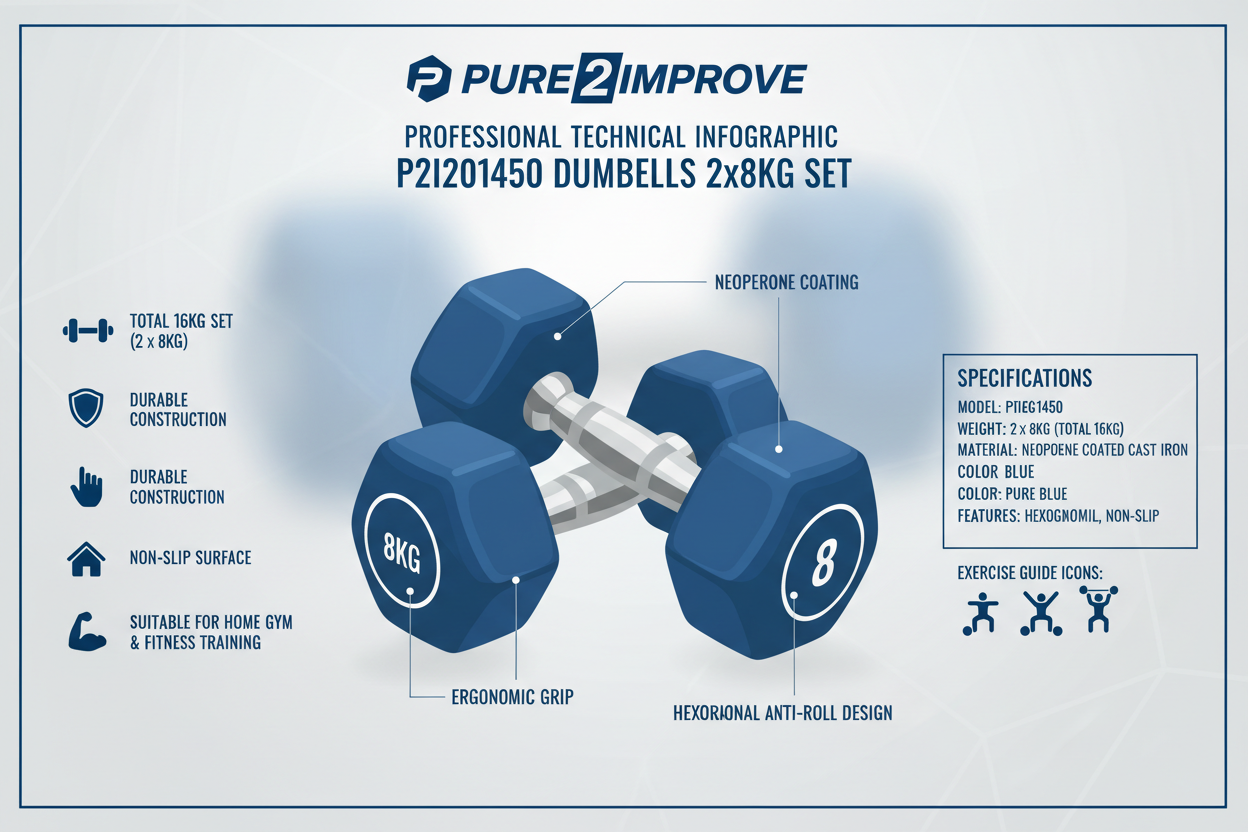 Pure 2Improve Dumbbells 2x8Kg P2I201450 Pair Neoprene Weights Blue Professional